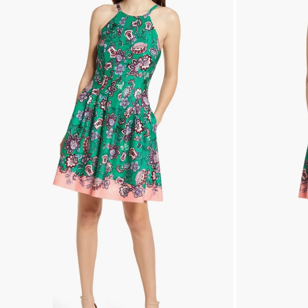 Vince Camuto Floral Halter Neck Scuba Crepe Fit & Flare Dress